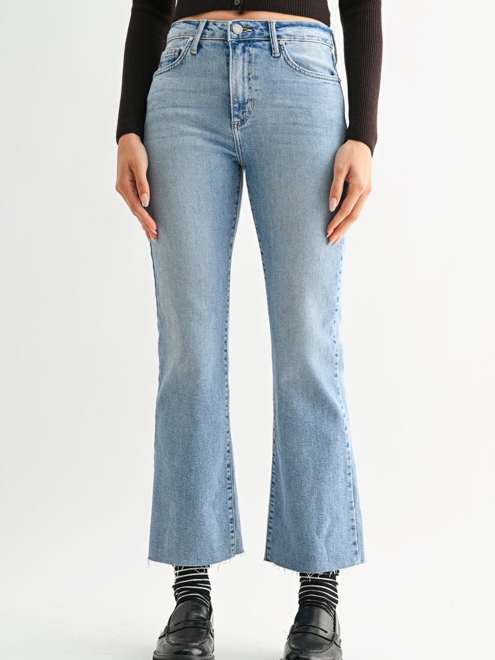 Just Black Denim BP298J High Rise Raw Hem Cropped Flare Jeans Light Wash 27